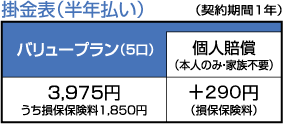 バリュープラン 掛金表(半年払い)