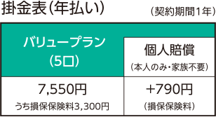 バリュープラン 掛金表(年払い)