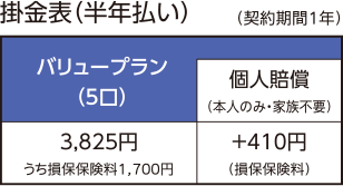 バリュープラン 掛金表(半年払い)